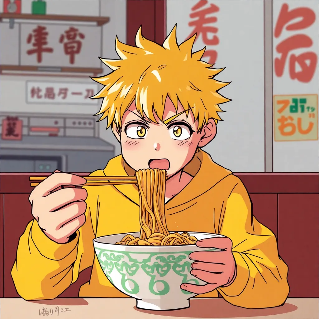 Yellow hair boy eating ramen.