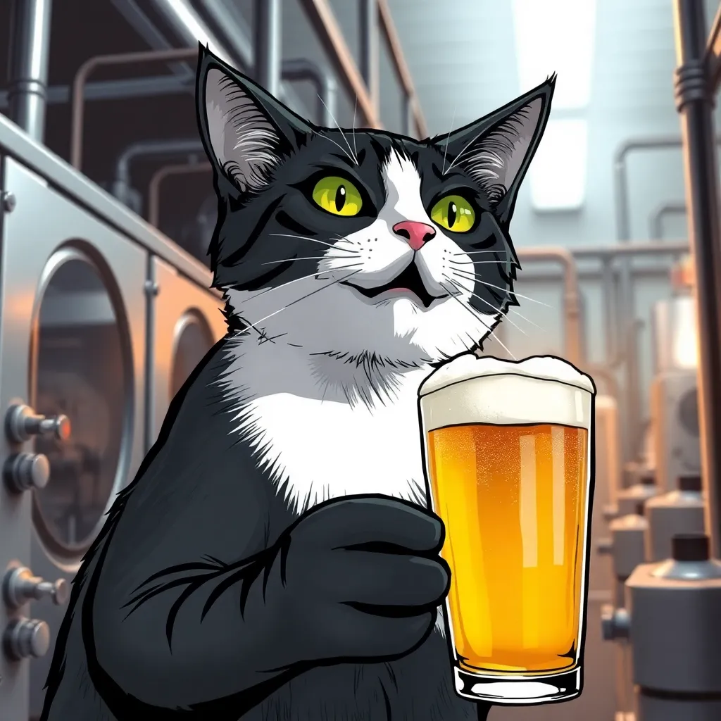 cat with beer in factory of processers for Serega's PC 