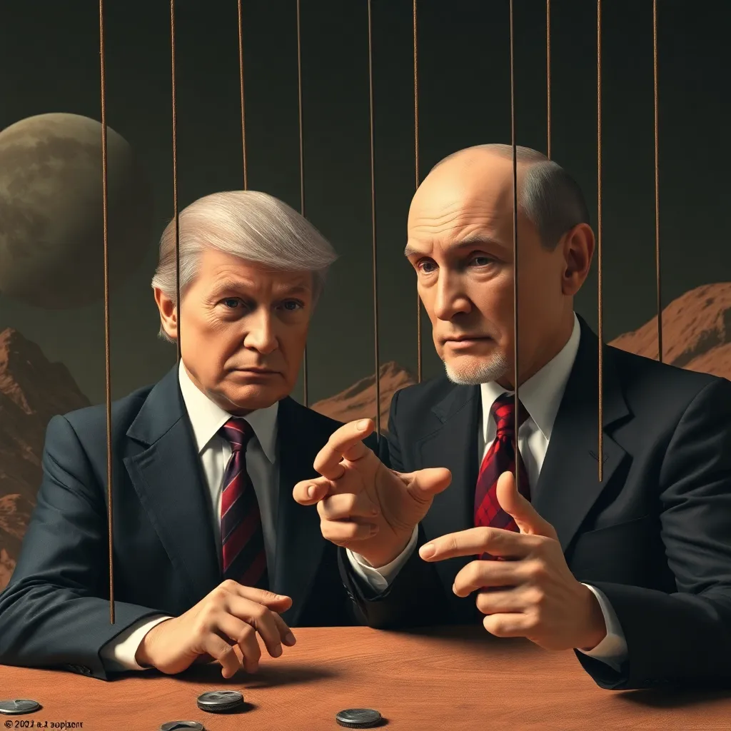 a puppet master with putin's face handling trump and musk in a martian environment