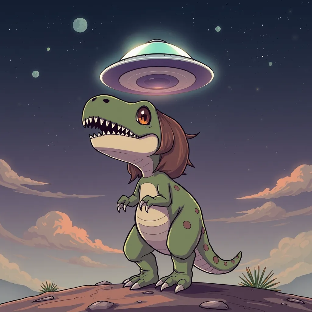 cute dinosaur girl ufo sky