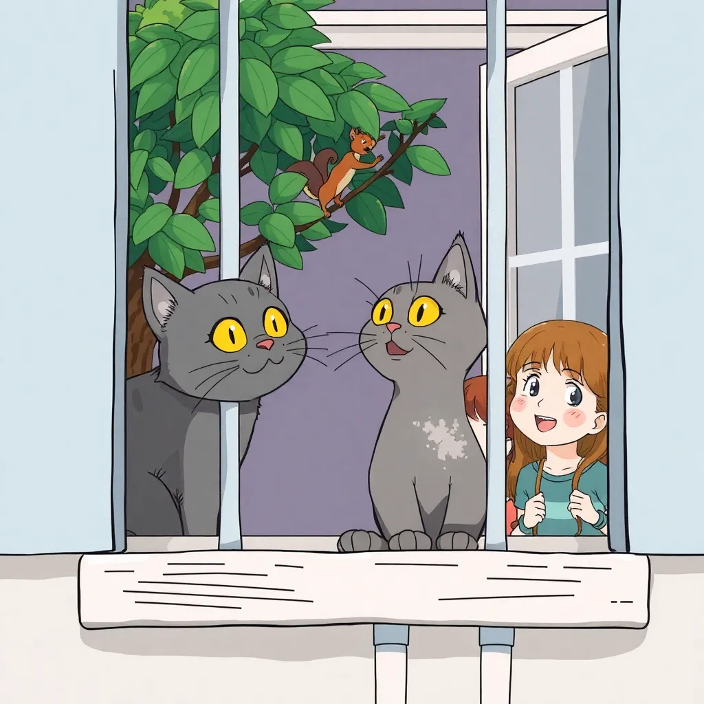 a gray cat with yellow eyes, stuck his head through the balcony grille and enthusiastically looks at a squirrel running on a tree in front of him, and through the window behind the cat, two enthusiastic little sisters, the eldest and youngest, are watching this process, and both are very happy to watch the actions of the cat