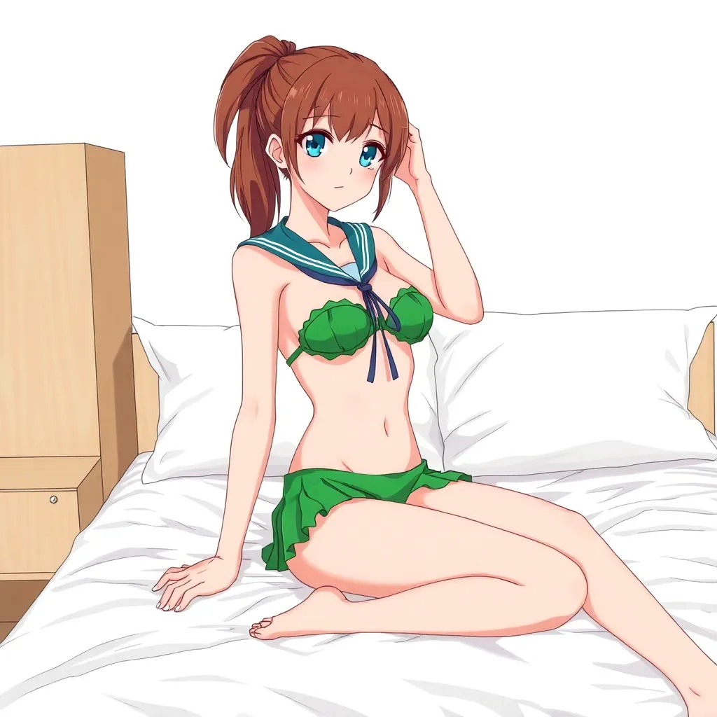 raw photo anime woman in a green sailor bikini sitting on a bed, brown hair pulled back into a ponytail, demonstrate her bare detailed feet