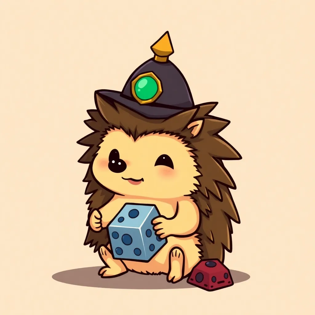 Cute hedgehog in a small top hat holds a 20-sided cube and plays dungeons and dragons. Cartoon style, 2D drawing