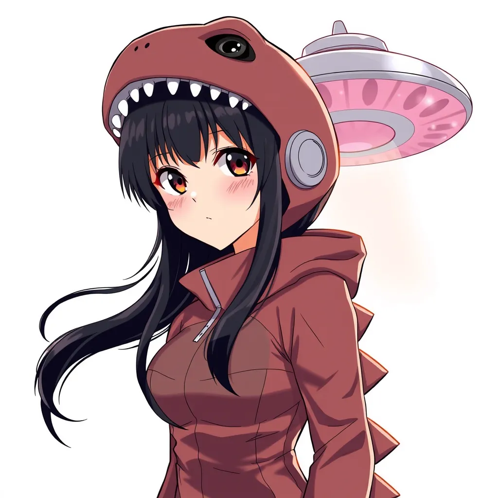 anime girl, black hair, with dino suit and ufo