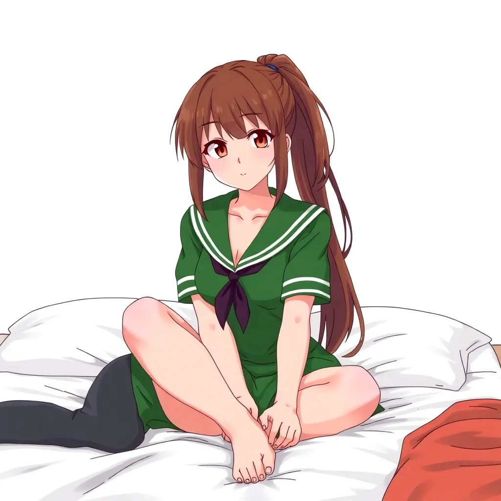 anime woman in a green sailor outfit sitting on a bed, brown hair pulled back into a ponytail, demonstrate her bare detailed feet