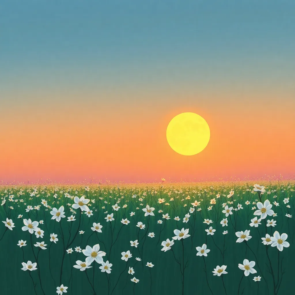 Sketch style, evening moon shining on a field of blossoms