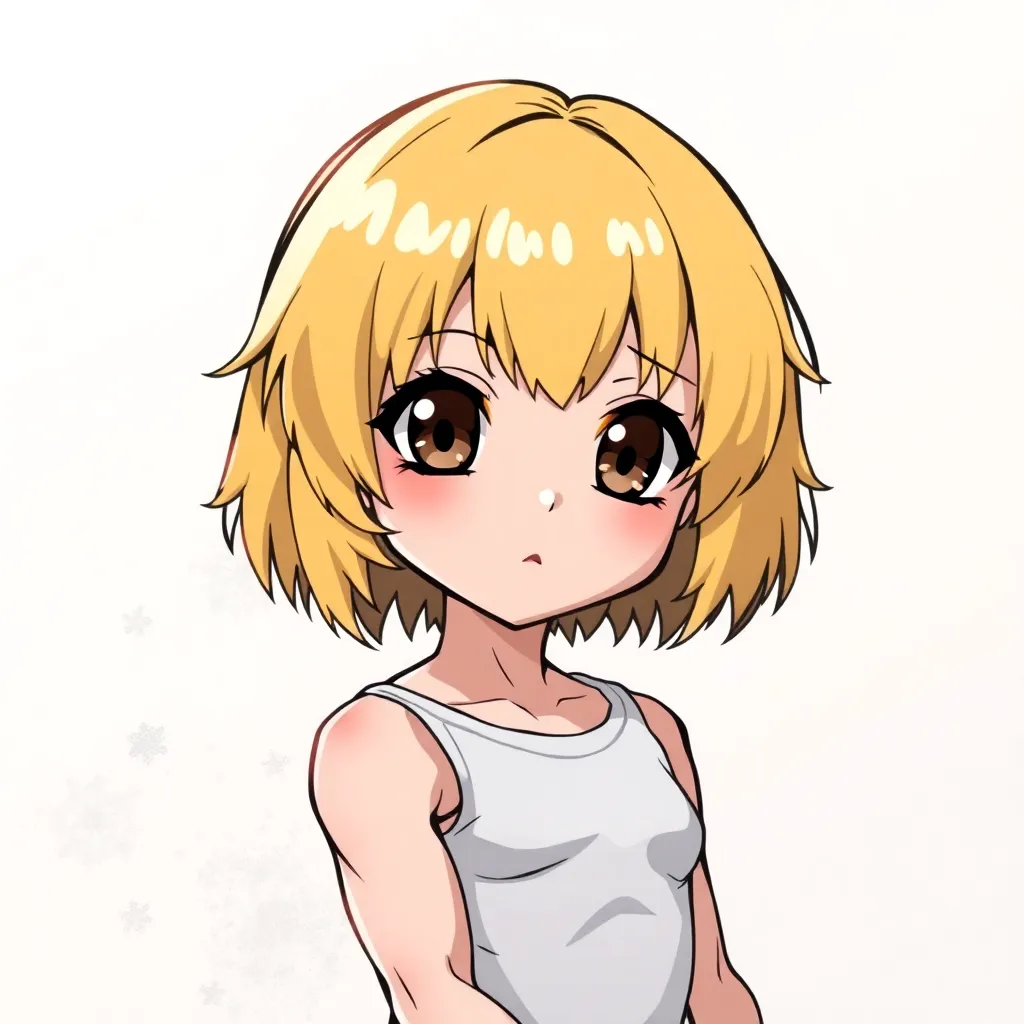 small young girl with short yellow hair and brown eyes. She has muscle and sculpted body