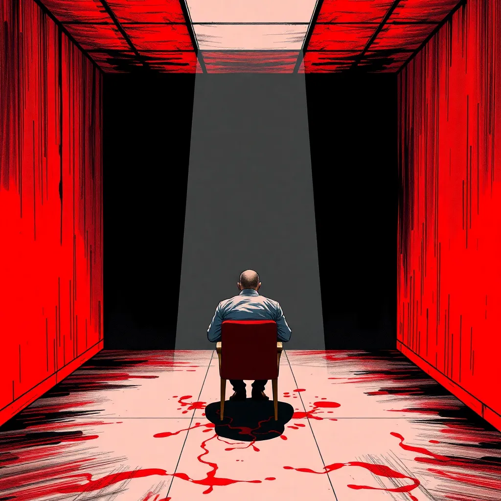 in a psychological format in black and red colors with an element of madness of hatred and denial causing psychological pressure, a man sits on a chair in an empty scene