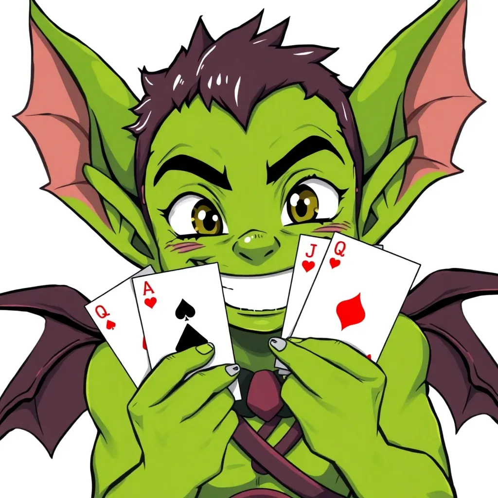 Anime character goblin, with a wide smile in his hands with ACE cards