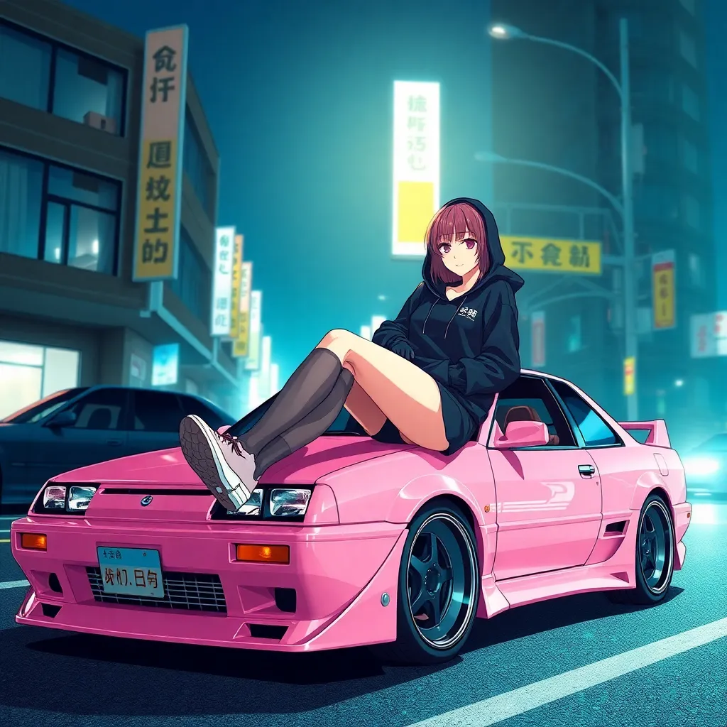 a woman sitting on top of a pink car, anime character, big boobs; full body art, dressed black hoodie, night life, high details on clothes, lux, walking down a street, japanese drift car, anime still image, large thighs, fashion poster