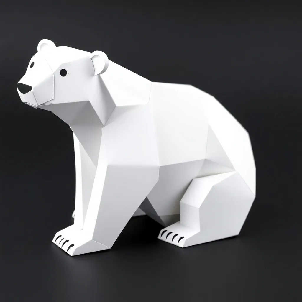 Generate a paper model of a simple polar bear in white. The model should be easy to assemble, with distinct flat pieces that can be cut out and folded. Include separate pieces for the head, body, legs, ears, and paws. Ensure the model has simple geometric shapes with clear folding lines and tabs for gluing. The polar bear should be designed to appear in a sitting position, with a friendly, cartoonish face. The design should be minimalistic and suitable for children to assemble, with no complex details or textures