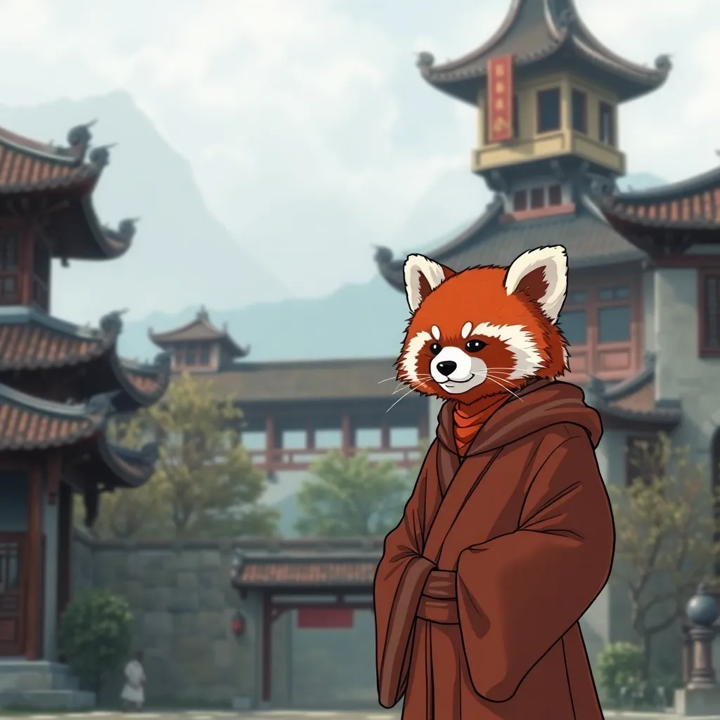 A red panda in the body of a man dressed as a monk stands against the background of a Chinese temple in the Middle Ages