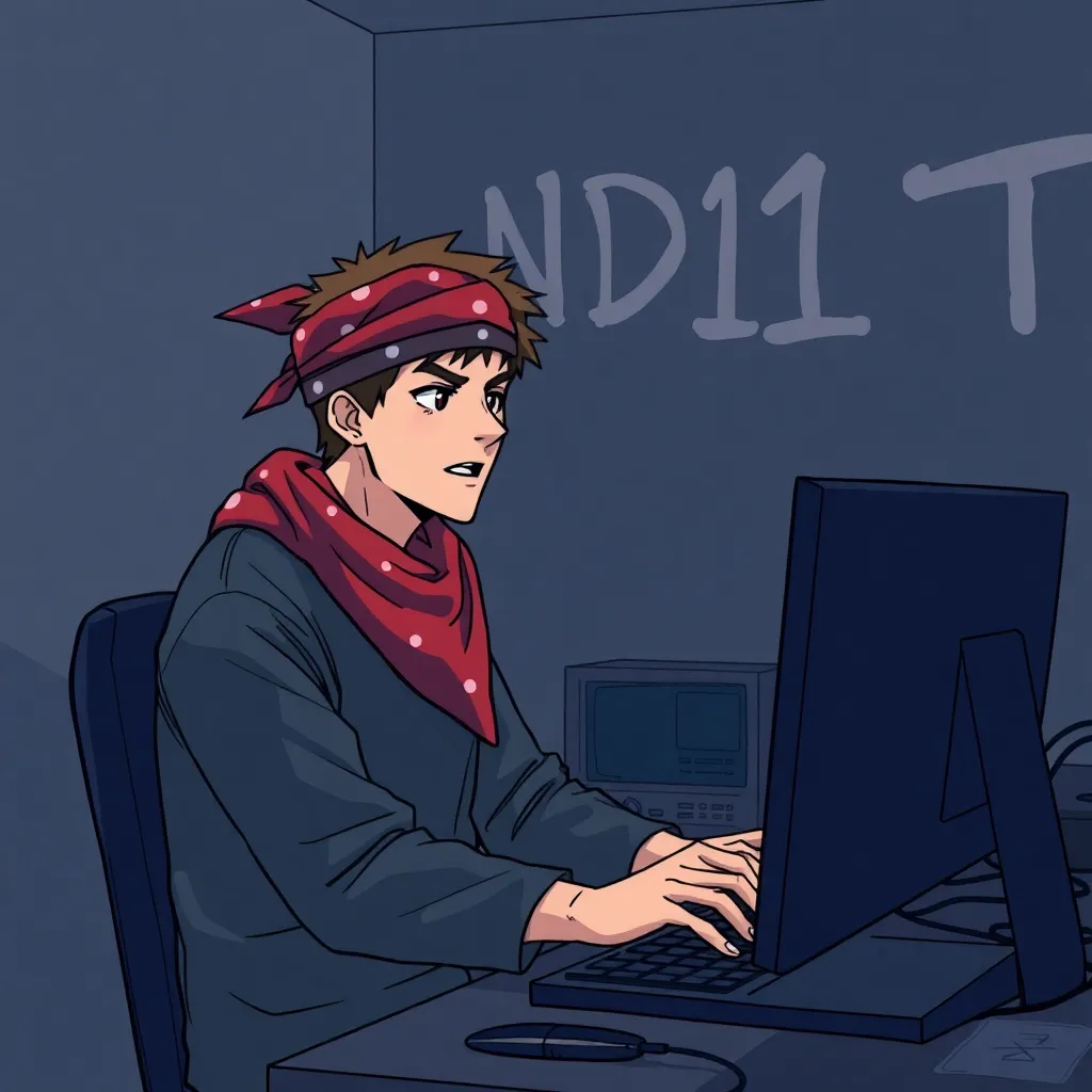 A guy in a bandana is playing a computer, the room is dark, on the wall behind him is written BAND1T in anime style