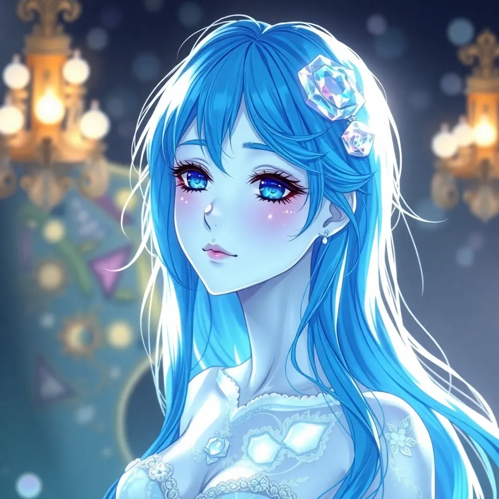 Crystal anime girl with pearl skin, visible sapphire on some parts of skin, blue hair, full length