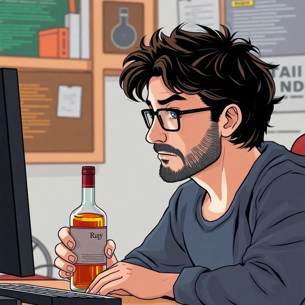 Dark-haired middle-aged programmer with slight stubble at a computer with a bottle of rum