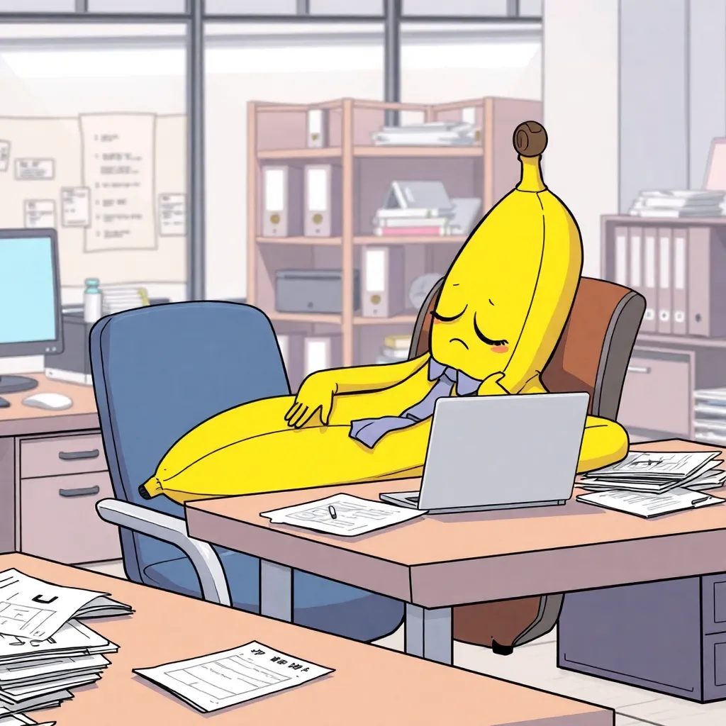 a humanoid banana sleeps at a table sitting on a chair, there is a laptop on the table, a pile of paper around, an office office against the background