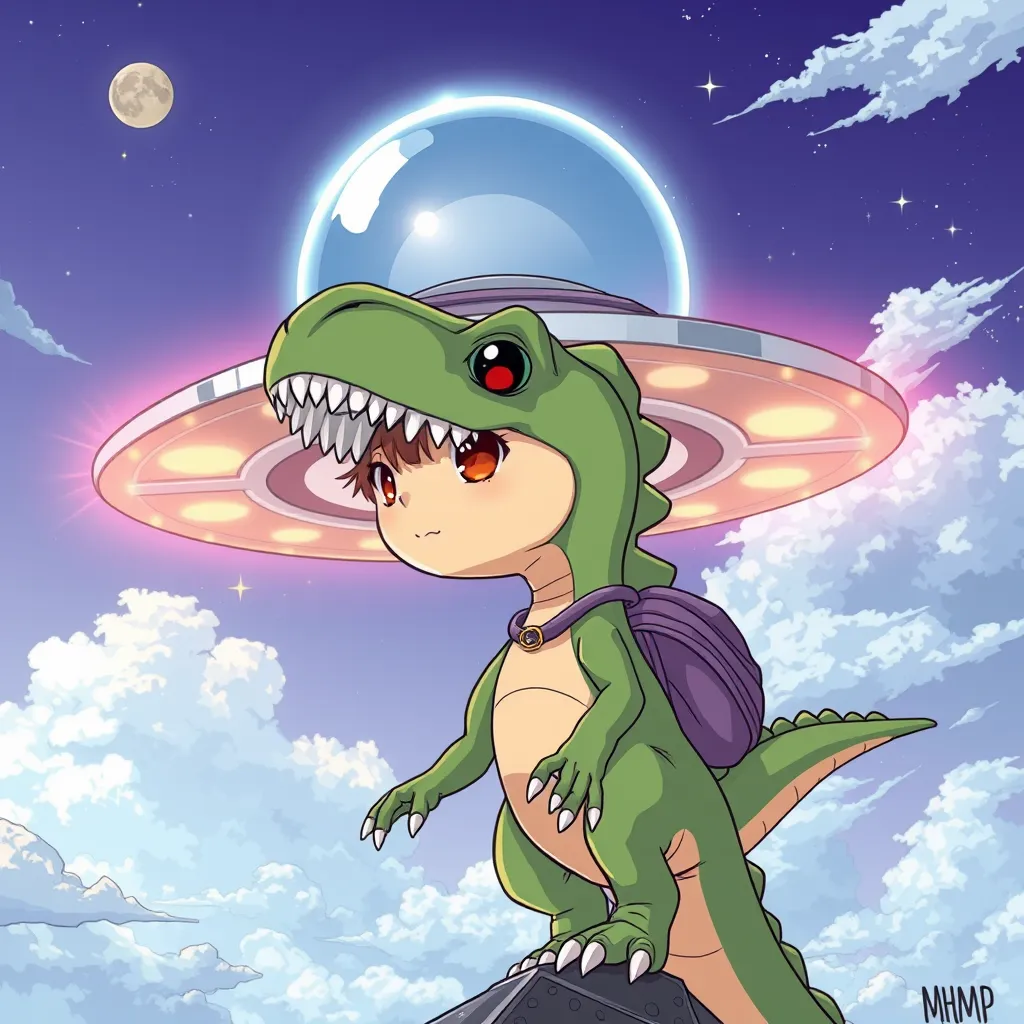 cute dinosaur girl ufo sky