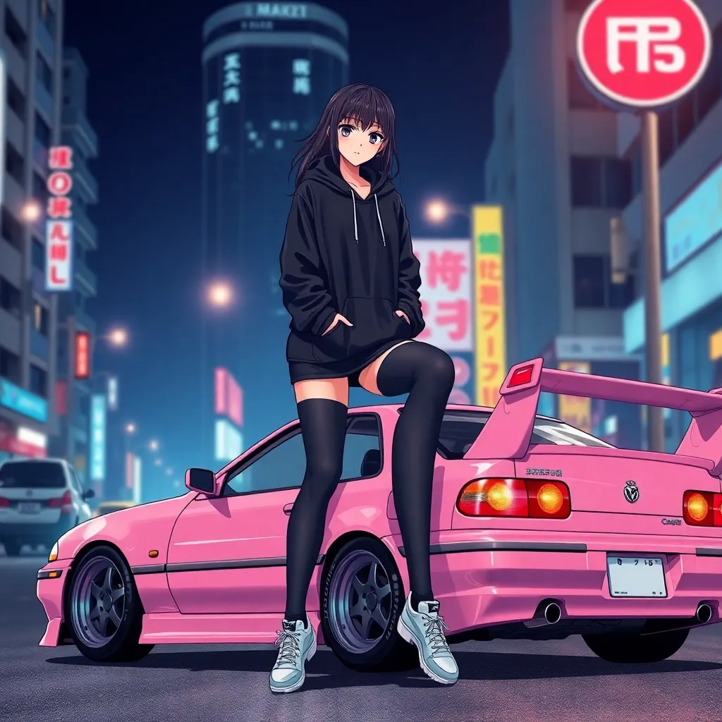 a woman sitting on top of a pink car, anime character; full body art, dressed black hoodie, night life, high details on clothes, lux, walking down a street, japanese drift car, anime still image, large thighs, fashion poster