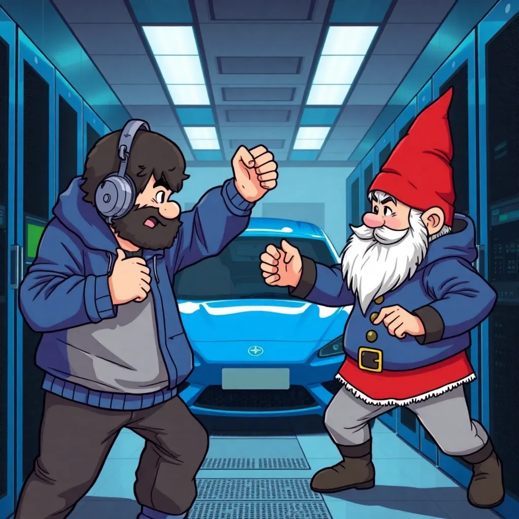 anime ukranian humam georgiy the system administrator vs ginger gnome Andrew in blue jacket fighting in server room with blue car on the background