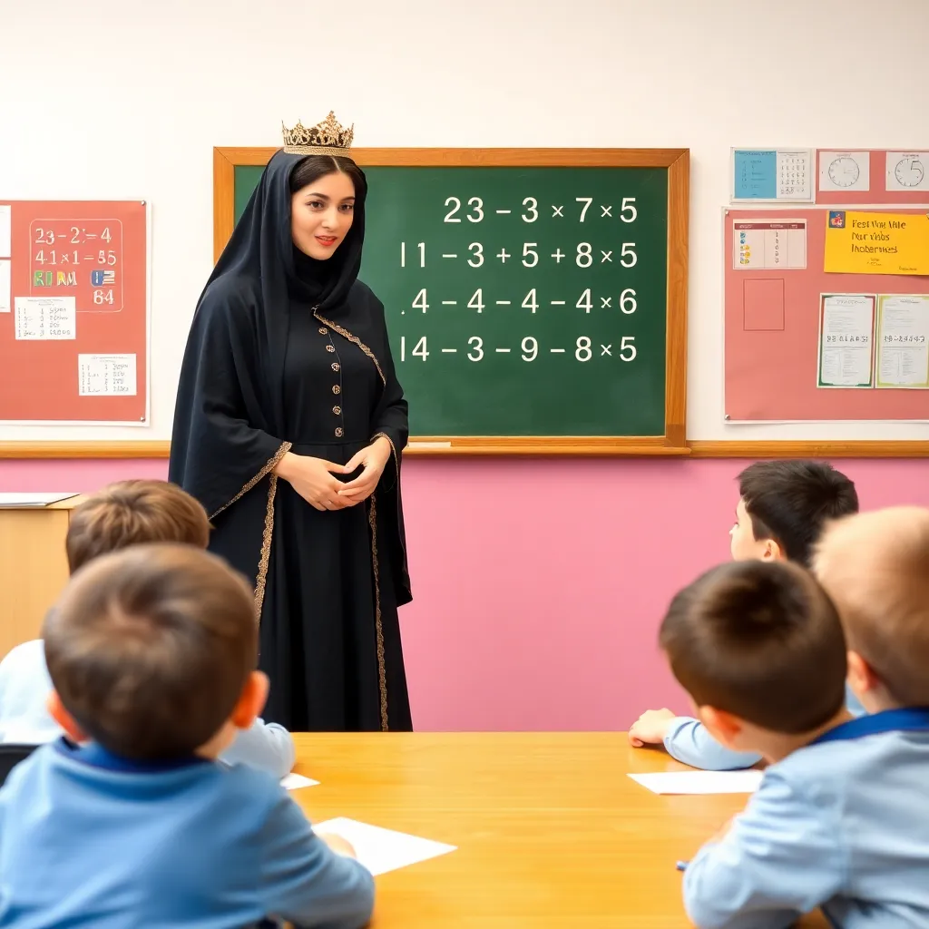 Queen of Mathematics stands in a school classroom with students and teaches them the multiplication table