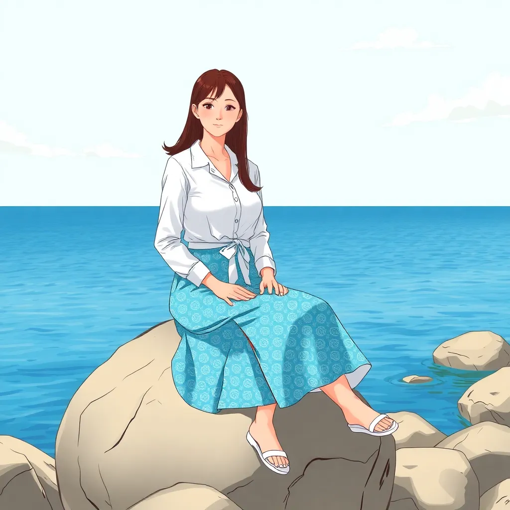 A woman sits on a large rock by the water. She wears a white long-sleeved button-down shirt tied at the waist and a blue and white patterned midi skirt with a slit. She has brown hair parted down the middle and wears white sandals. The water is a deep blue and extends to the horizon. The sky is light blue with some scattered clouds. There are several other rocks around the one she is sitting on.