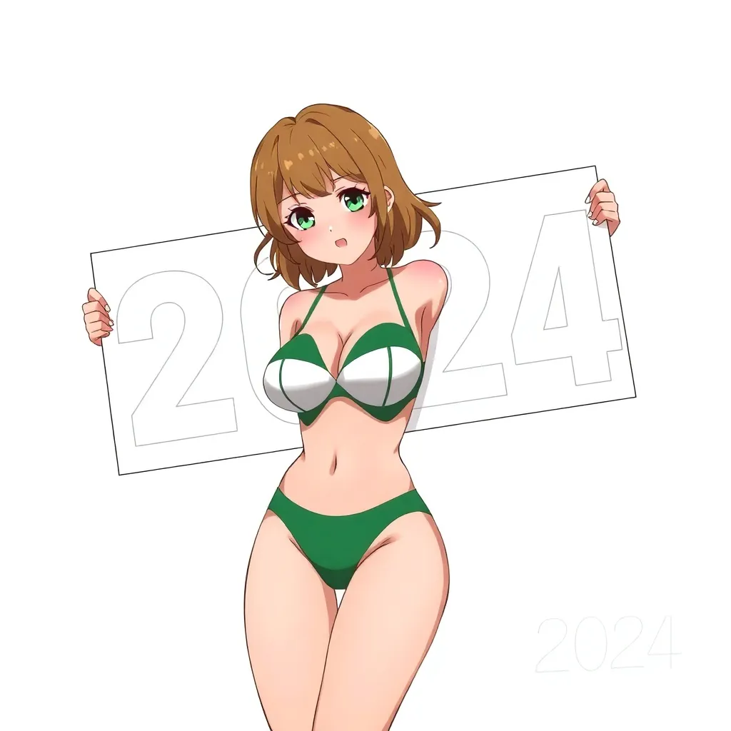 a anime girl, Ochako Uraraka from Boku no Hero Academia, in a swimsuit with big breasts, holding a white poster, clear boundaries, drawing year 2024