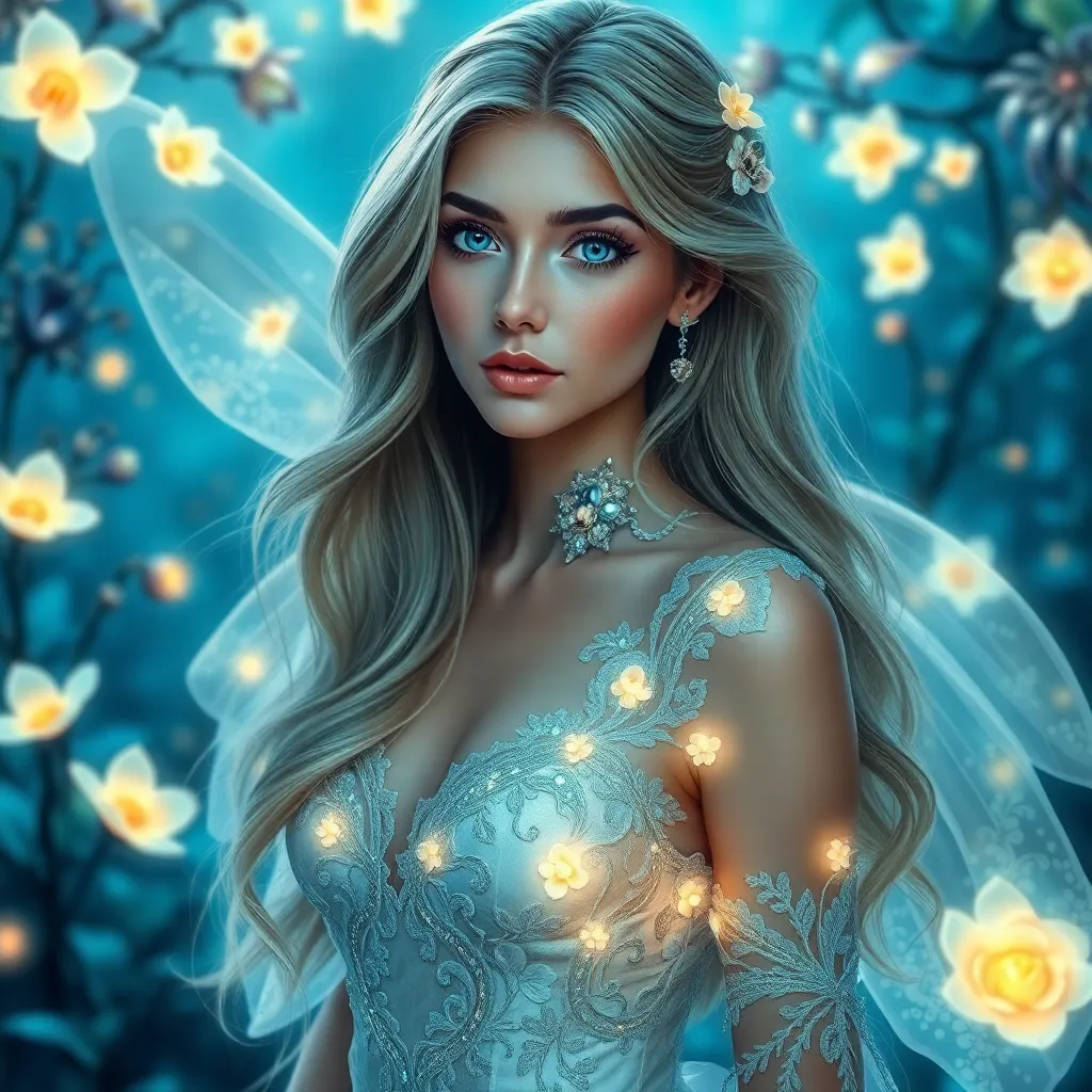 Highly detailed, photograph featuring a beautiful woman with sapphire blue eyes and long, flowing hair. She wears a ethereal, fairy-inspired gown made of delicate lace and adorned with glowing flowers and sparkling crystals. Her makeup is soft, with a focus on her natural beauty. The background is a mystical garden with glowing flowers and magical elements. The overall style is a blend of fantasy and high fashion, with a focus on intricate details and luxurious textures. Style: Fantasy with a touch of high fashion. Lighting: Soft, ambient lighting with highlights on the gown and face.