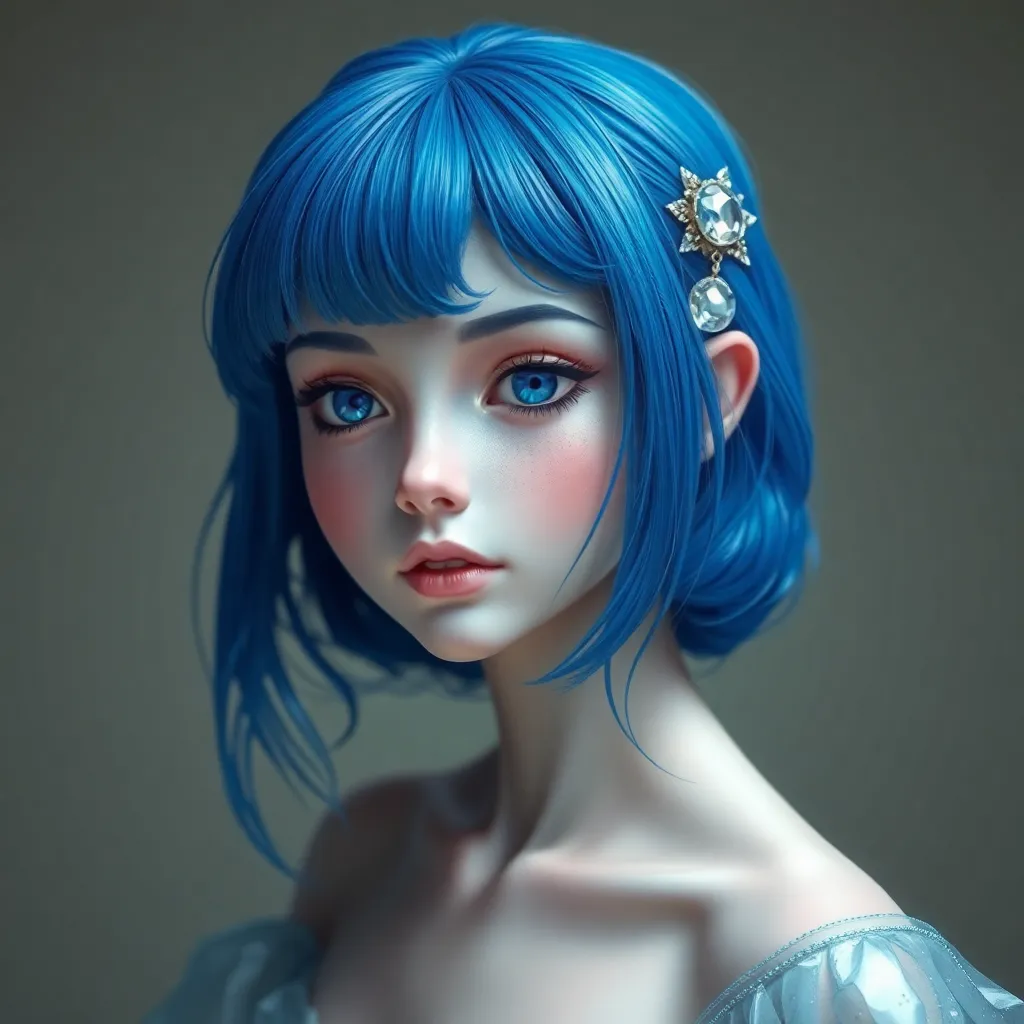 Crystal girl with pearl skin, visible sapphire on some parts of skin, blue hair