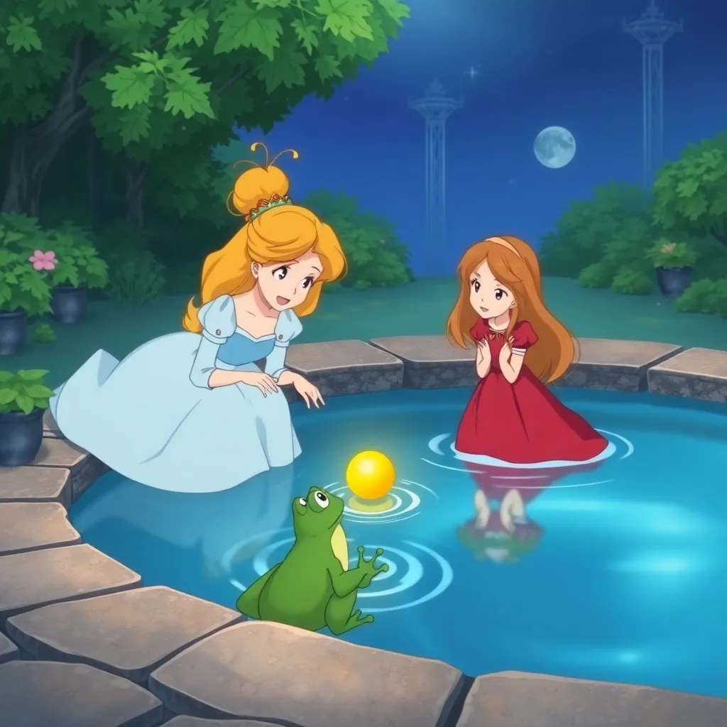 anime 
The princess accidentally drops a golden ball into the water of the fountain. A frog appears at the edge of the fountain. The frog speaks to the princess, offering to retrieve the orb in exchange for a promise of friendship