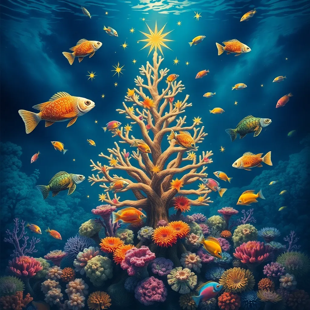 Fish swiming around the coral shaped as a new year tree, underwater new year evee, detailed art, complex composition, turtles, underwater stars, colored tropical fish