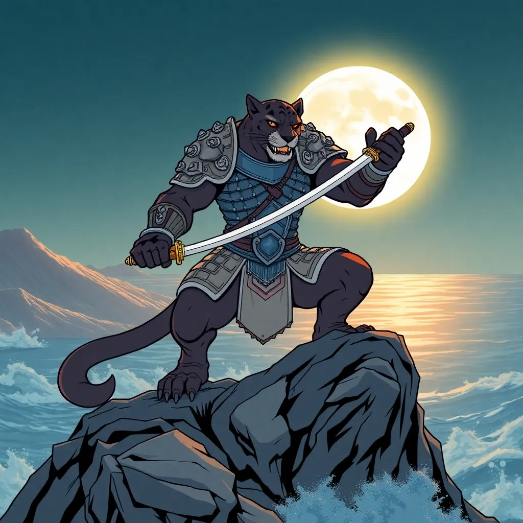 a huge panther without a tail in armor with a human body and a sword in his hand stands on a mountain, against the background of the ocean and the shining moon, making a movement with a sword