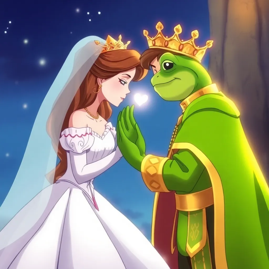 anime 
The princess, at the frog's request, kisses it gently and a magical transformation takes place. The frog turns into a beautiful prince in shining gold and green robes.