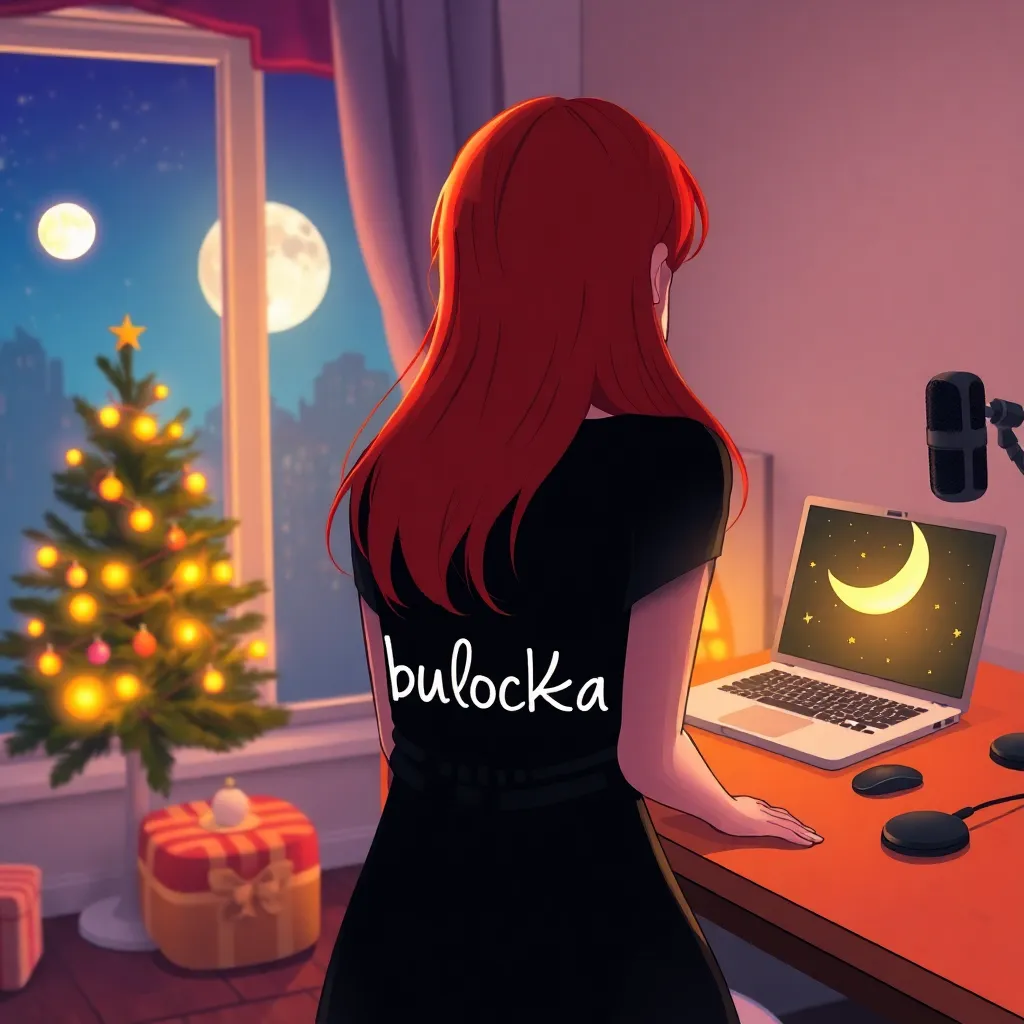 A stylized digital art illustration of a redhead girl, back view, looking at a lit fireplace. She is wearing a black dress with the word "bulochka" written in white letters on her back, and a small black heart outlined in white to the right. A laptop with a glowing screen showing a crescent moon and stars, and a microphone, are on a wooden desk to the right. A bright full moon is visible outside the window to the left, and a decorated Christmas tree with warm lighting is slightly behind the girl on the left. Soft gradients, glowing details, rich colors, smooth lines, 8k, artstation.