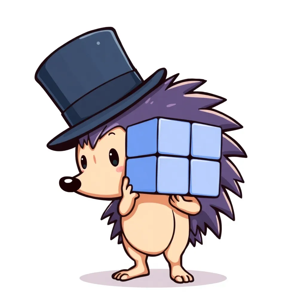 Hedgehog in a top hat holds a cube with 20 sides. Cartoon style, 2D drawing