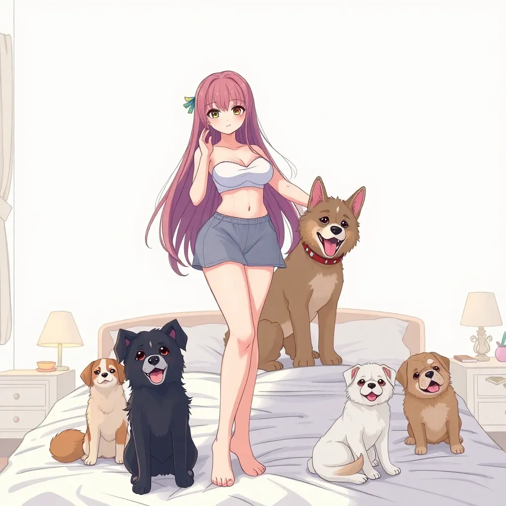 draw an anime girl with big boobs and with big ass with stuff dogs. Anime girl is very beaty and standing on a bed with many and many other anime girls

