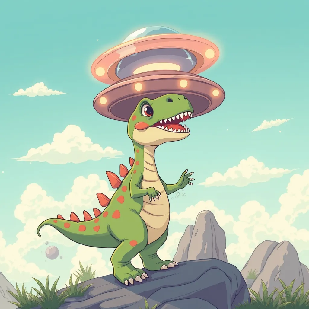 cute dinosaur girl ufo sky