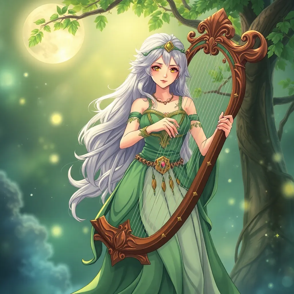 The character card of Merelin of the Night of the Moons is a dryad priestess. The magic of nature, a harp made of silver.
Marilyn: Harmony, healing.
anime drawing and style