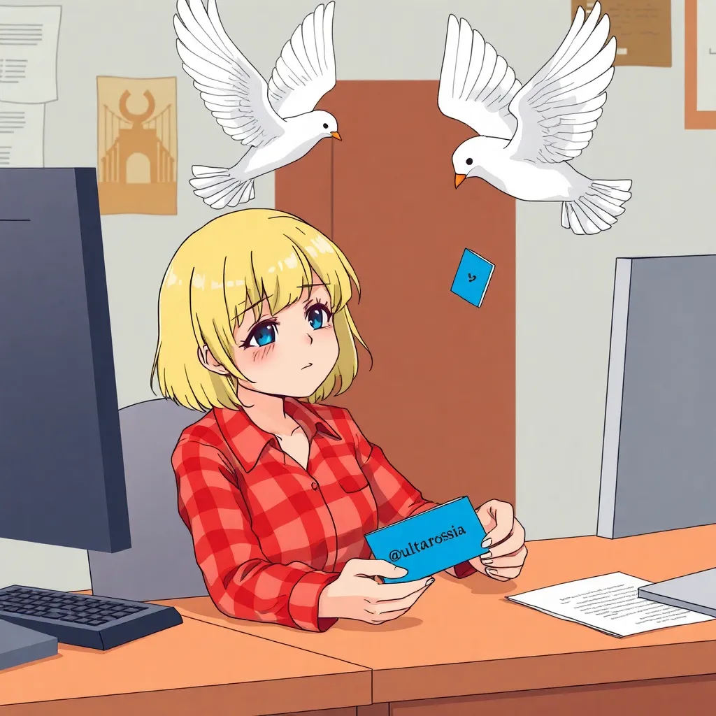 a blonde girl with shorthair is dressed into a red checkered shirt , is sitting at a computer desk   and crying, A white bird, similar to a dove, lands on the desk, the bird drops a blue  card with the inscription @ultarossia into the girl's hands