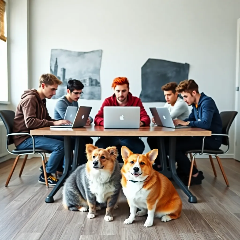 Create an image of a team of six guys aged 21-25 sitting in a room at a single table. One of them, a red-haired guy sitting in the middle (he’s the leader), is the focal point. They are trading Solana on their laptops. In front of the table where they’re seated, there are two animals: a gray British Shorthair cat and an orange-and-white Pembroke Welsh Corgi dog.