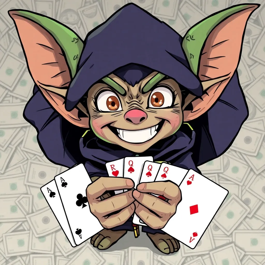 Anime character goblin thief, with a wide smile in his hands with ACE cards on the background of money