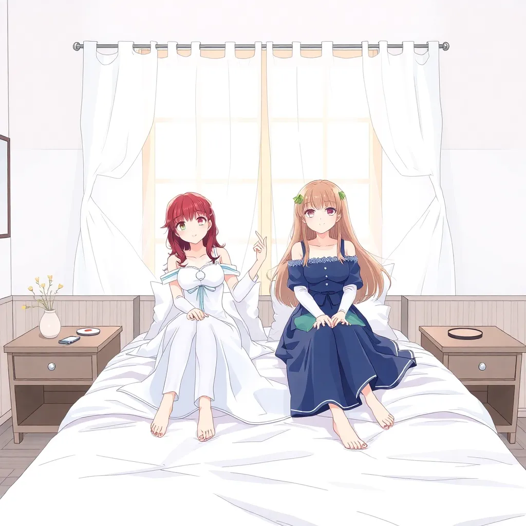 A Ánime Girls on the white bed 