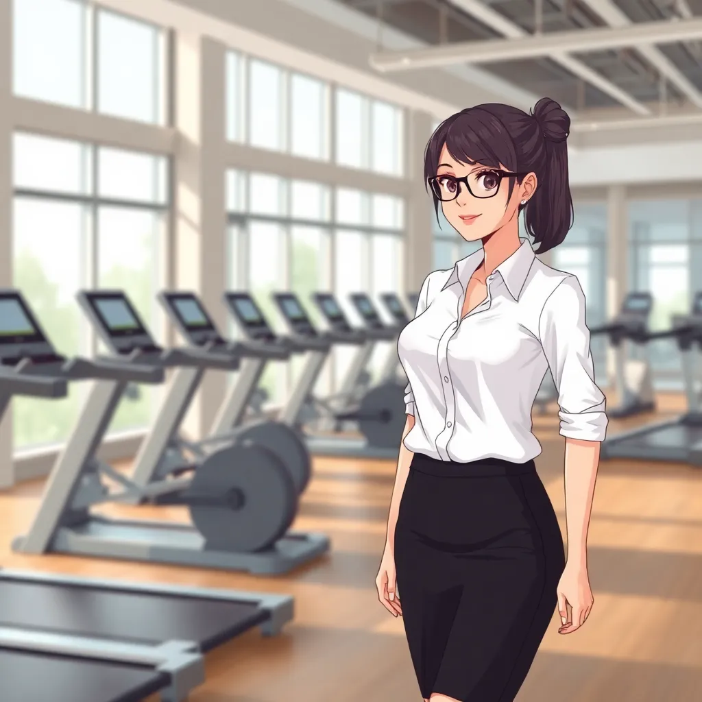 office woman in white blouse and black skirt in fitness center, 2d animation, masterpiece, flat animation