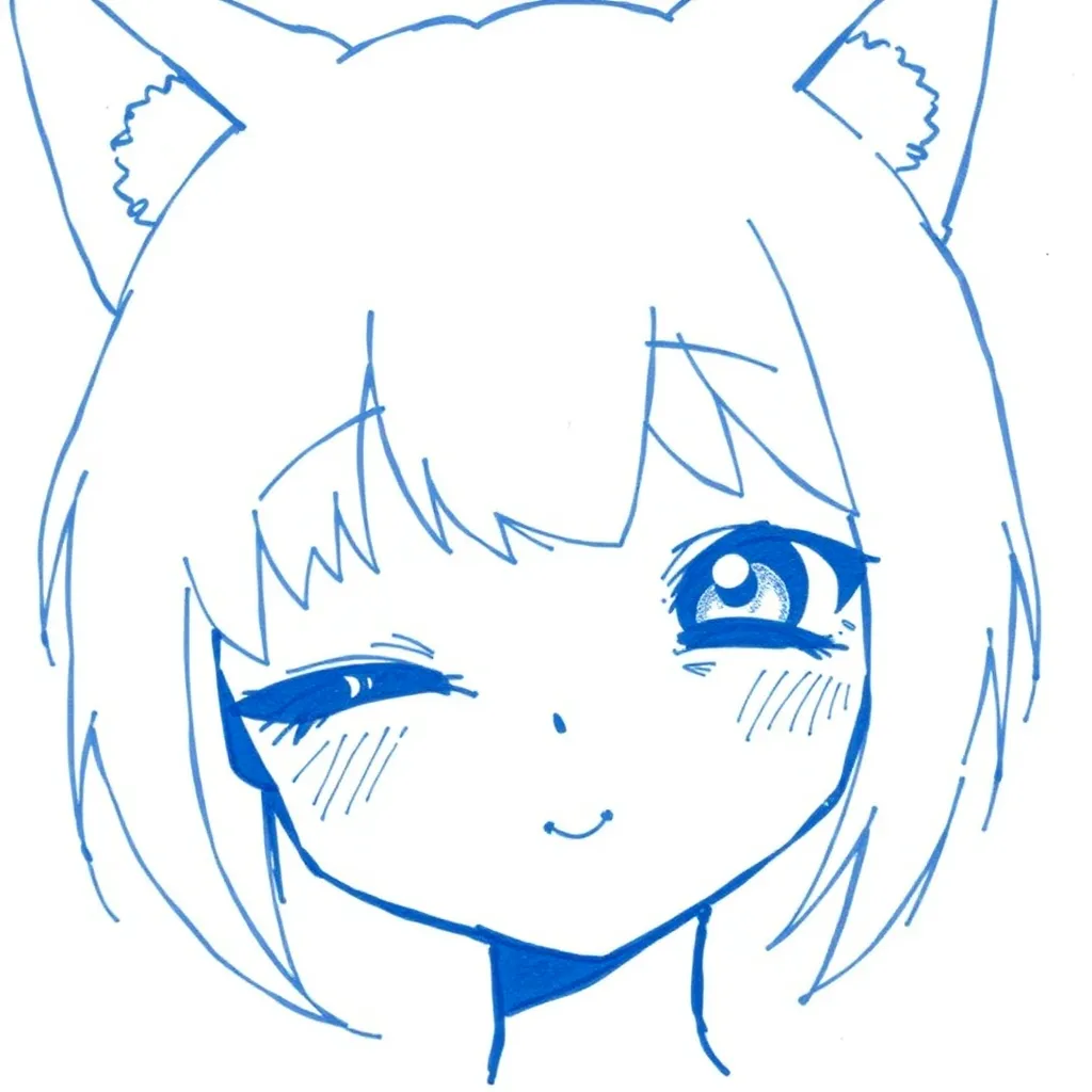 drawing, blue ink, minimalist, simple lines, catgirl, cat ears, white hair, pov, face closeup, smile