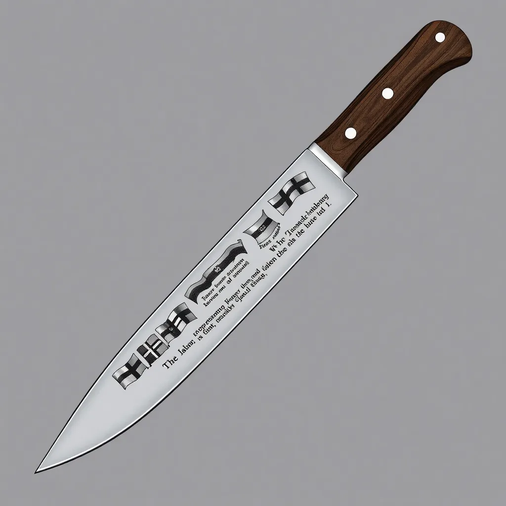 draw a knife of classic blade shape, with a carved wooden handle of dark wood color, and on the blade there should be an engraving in the form of flag banners with lines from famous Russian songs about war and victory. Blade length 150 mm, width 31 mm, it should be steel color without processing, engraving black. Banners with lines on the engraving should go a little into perspective, that is, into the distance, as it were. It is possible not to completely place the line in the Banner in order to increase the size of the letters and readability.