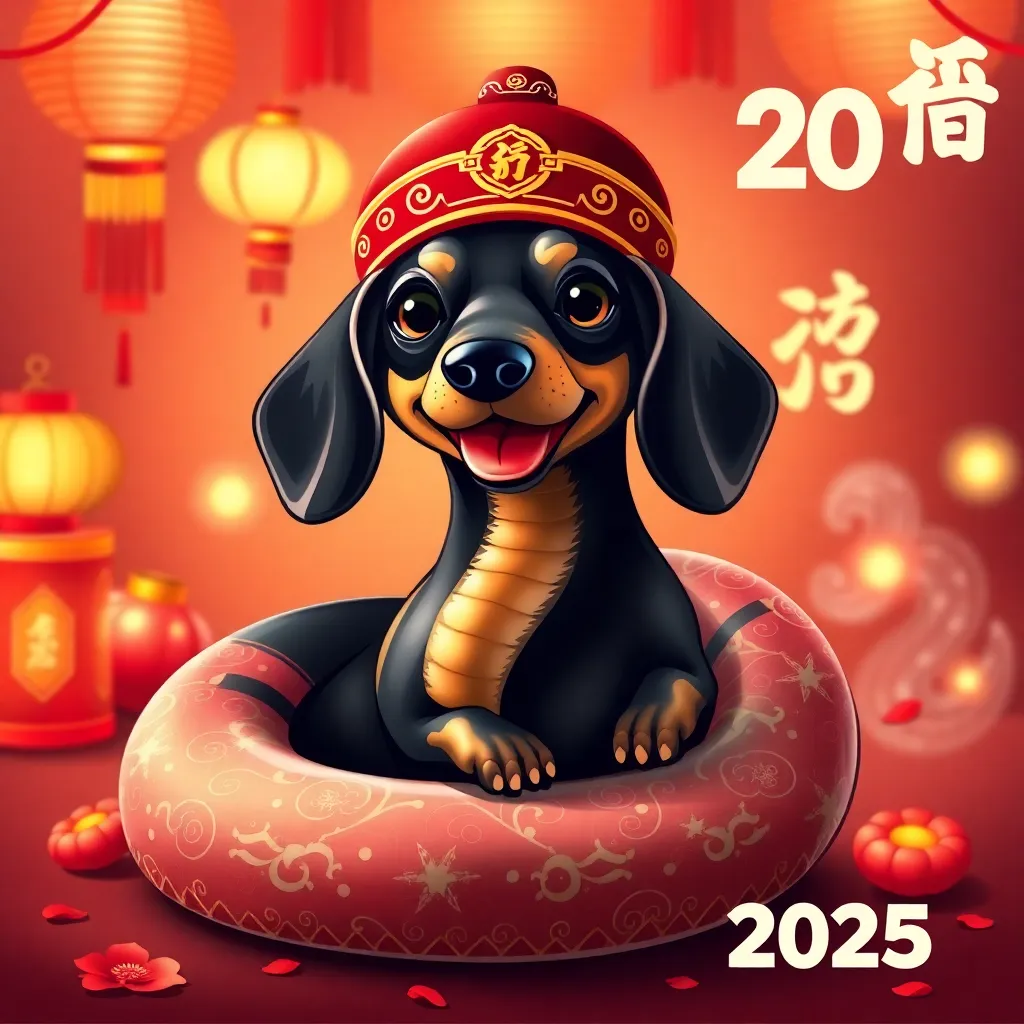 A creative and celebratory design for the Year of the Snake in 2025, featuring a dachshund with the body of a snake. The creature is elegantly coiled, with a sleek, shiny, serpentine body adorned in vibrant red and gold patterns symbolizing prosperity and joy. The dachshund's head is expressive and cheerful, wearing a traditional Chinese-style red hat with golden accents. The background is festive, with glowing lanterns, firecrackers, and Chinese calligraphy for '福' (fortune) and '蛇' (snake) in the backdrop. The scene exudes joy and auspiciousness, perfect for a Chinese New Year celebration.