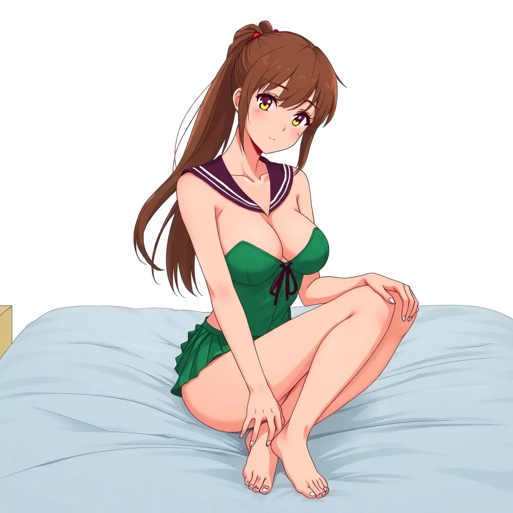 anime woman in a green sailor bikini sitting on a bed, brown hair pulled back into a ponytail, demonstrate her bare detailed feet