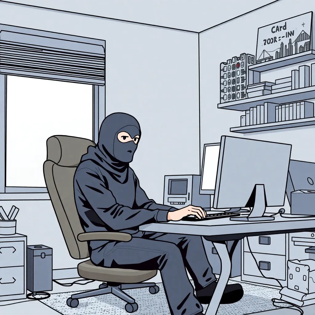 A guy in a balaclava sits in a room and plays a computer