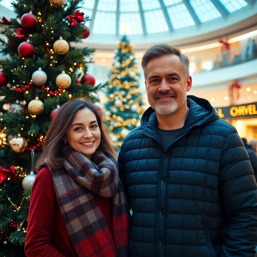 The man and his woman near christmass tree in a mall