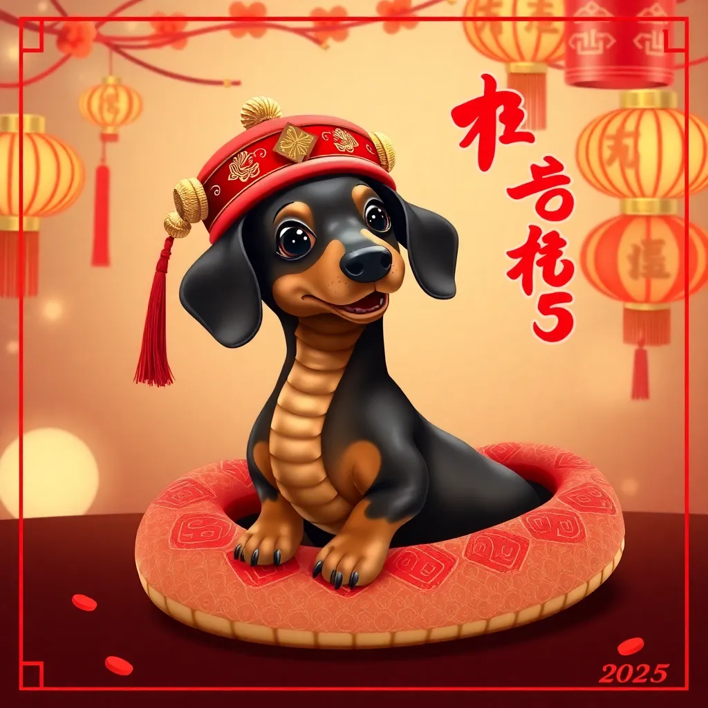 A creative and celebratory design for the Year of the Snake in 2025, featuring a dachshund with the body of a snake. The creature is elegantly coiled, with a sleek, shiny, serpentine body adorned in vibrant red and gold patterns symbolizing prosperity and joy. The dachshund's head is expressive and cheerful, wearing a traditional Chinese-style red hat with golden accents. The background is festive, with glowing lanterns, firecrackers, and Chinese calligraphy for '福' (fortune) and '蛇' (snake) in the backdrop. The scene exudes joy and auspiciousness, perfect for a Chinese New Year celebration.