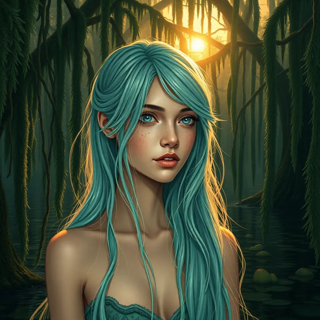 A serene Druid witch girl with an intricately detailed face, adorned with subtle freckles and a gentle, knowing gaze, stands amidst the eerie tranquility of a swamp at sunset, her sea foam green hair cascading down her back like a misty waterfall, with strands delicately intertwining with the tendrils of Spanish moss that surround her. Her skin has a warm, golden undertone, with a subtle sheen that hints at an otherworldly connection to nature. The atmosphere is heavy with the scent of damp earth and decaying leaves, as the last rays of sunlight filter through the tangled web of cypress branches above, casting long, sinuous shadows across the murky waters. The overall aesthetic is one of mystical realism, with an emphasis on the textures and nuances of the natural world, rendered in exquisite hyperrealistic detail, inviting the viewer to step into the mystical realm of this swampy sanctum.